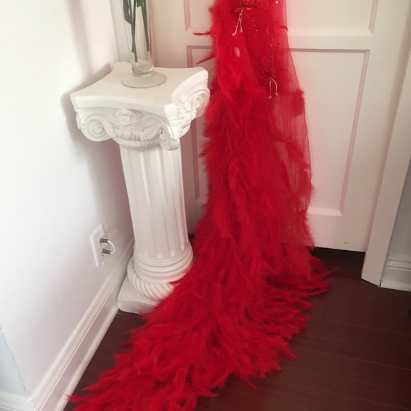NEW! RED ANGEL DRESS HAND BEADED REAL FEATHER GOWN - Picture 6 of 15